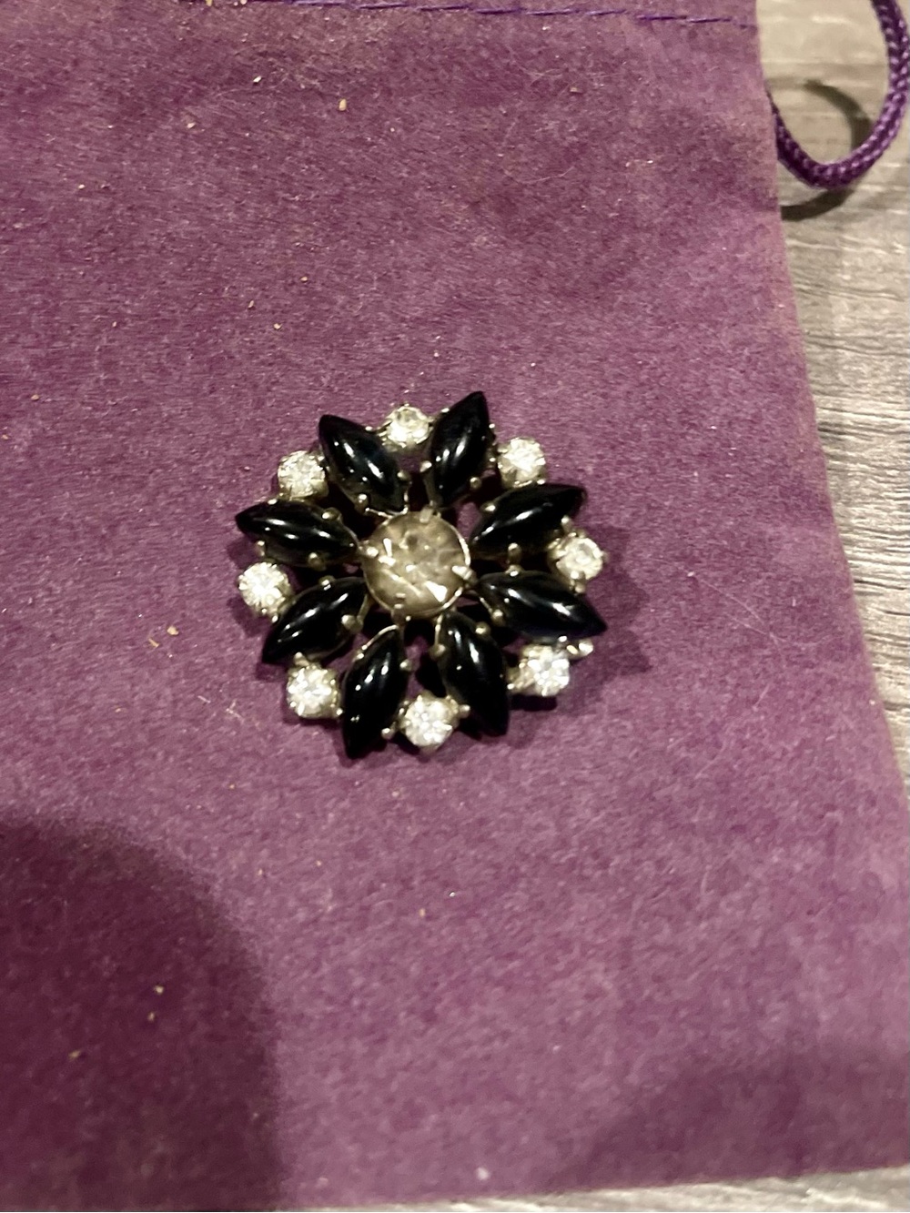 Vintage Black Crystal Flower Brooch